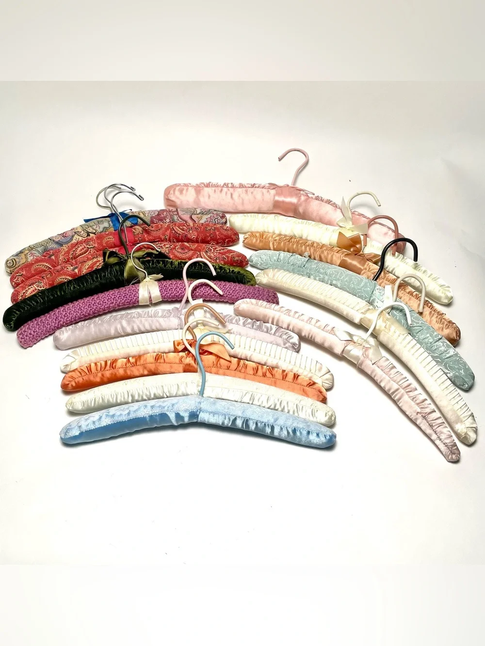 Vintage Padded Hangers Lot of 16 Satin Lace Crochet Velvet Paisley Ribbon Bows